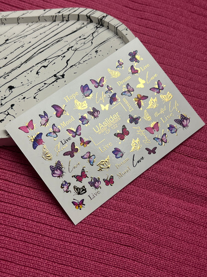 Nail Water Decal CF-122 | Butterfly Nail Water Decals | Pink & Purple Butterflies with Gold Accents