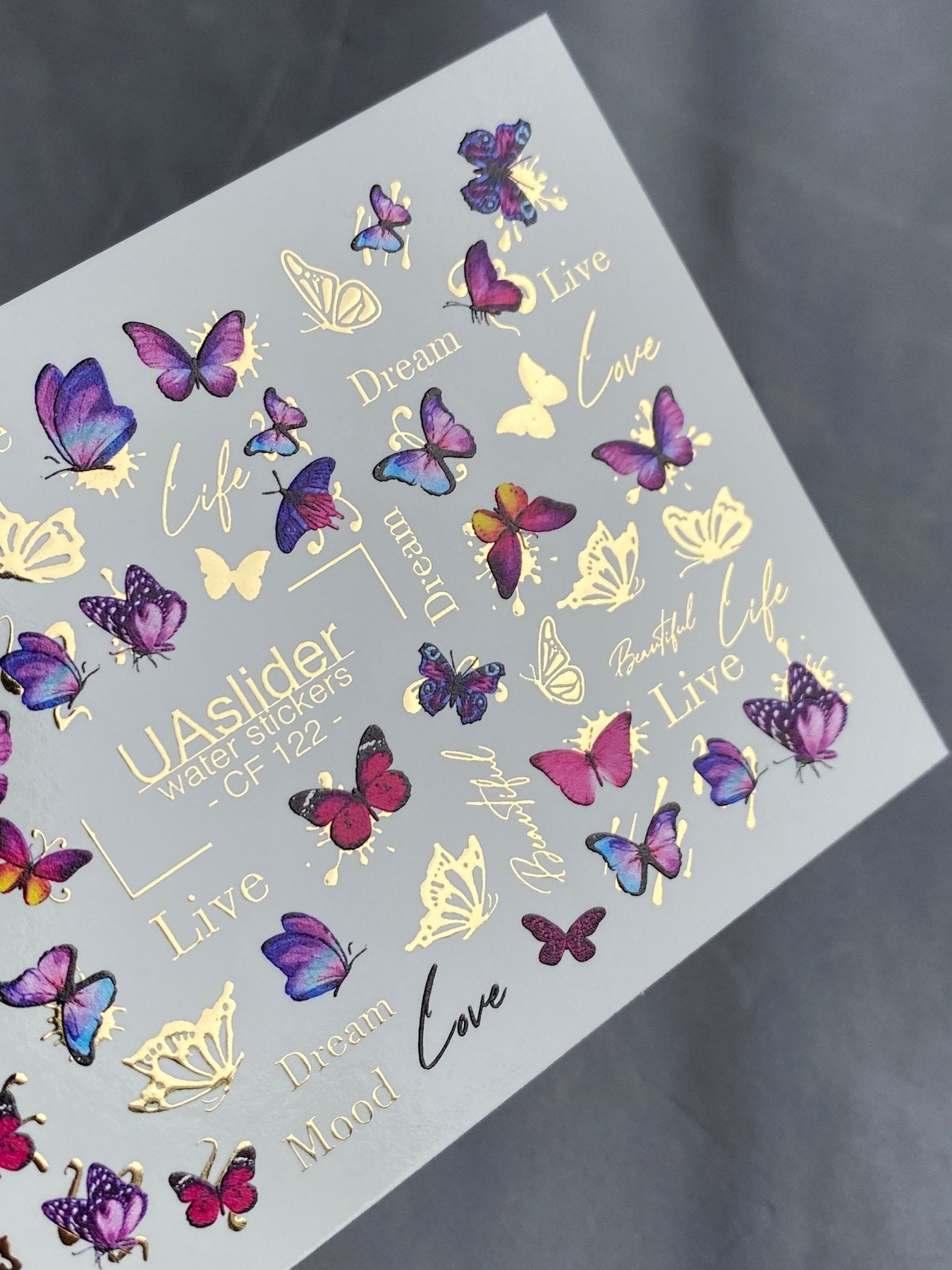 Nail Water Decal CF-122 | Butterfly Nail Water Decals | Pink & Purple Butterflies with Gold Accents - UASLIDER