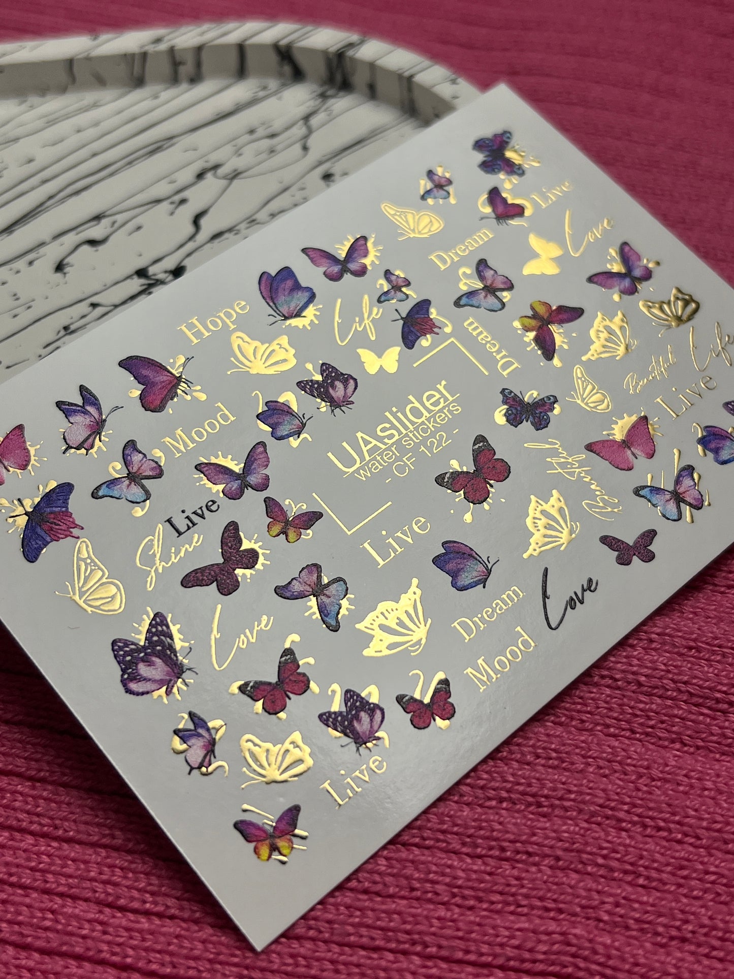Nail Water Decal CF-122 | Butterfly Nail Water Decals | Pink & Purple Butterflies with Gold Accents