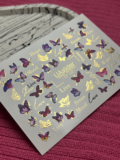 Nail Water Decal CF-122 | Butterfly Nail Water Decals | Pink & Purple Butterflies with Gold Accents