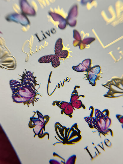 Nail Water Decal CF-122 | Butterfly Nail Water Decals | Pink & Purple Butterflies with Gold Accents