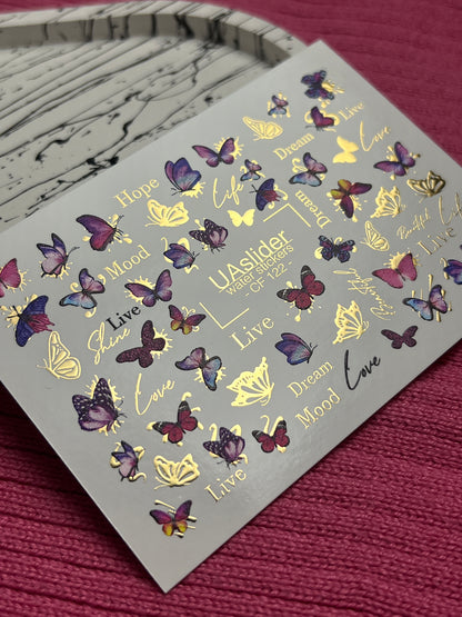 Nail Water Decal CF-122 | Butterfly Nail Water Decals | Pink & Purple Butterflies with Gold Accents