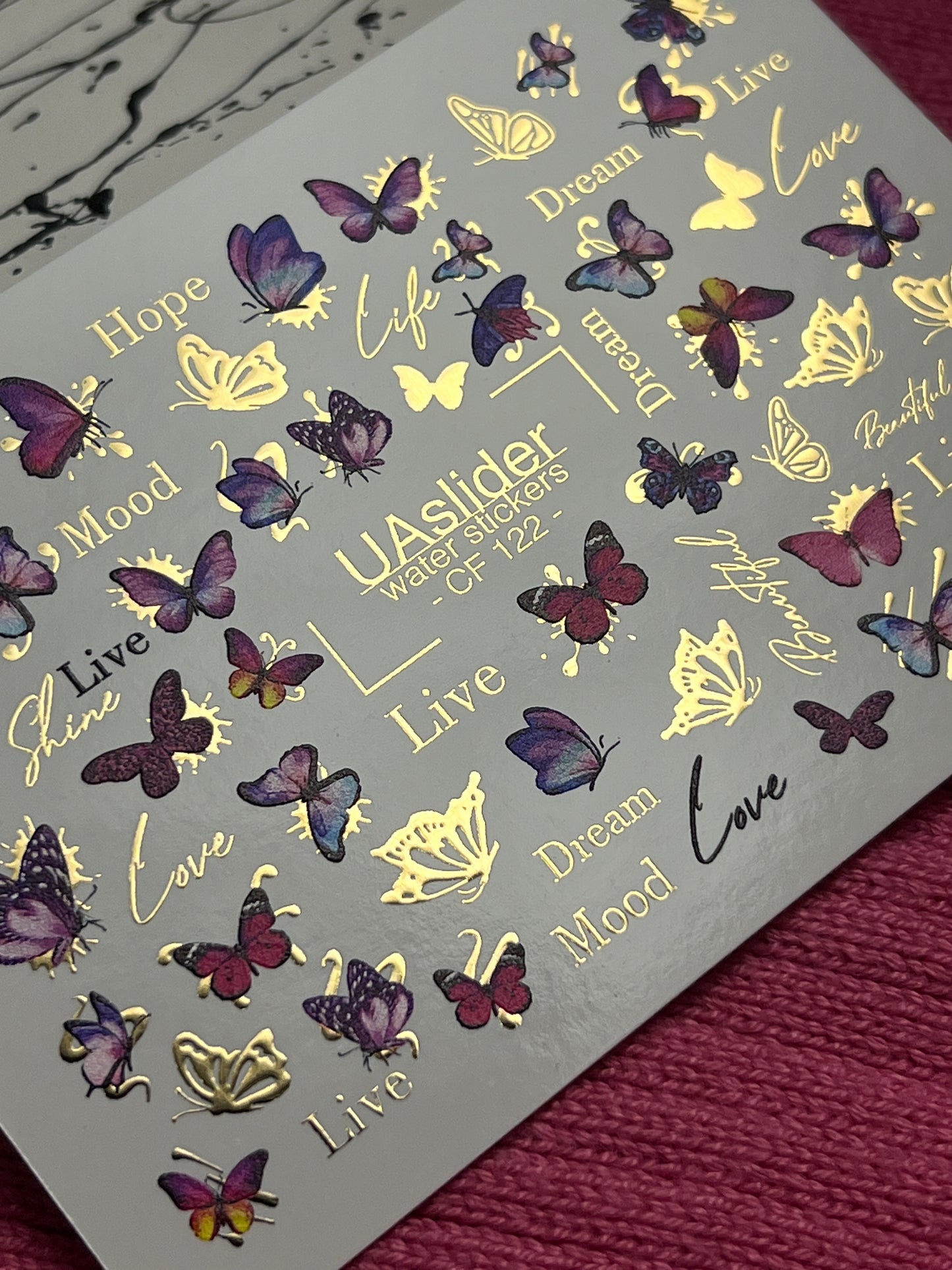 Nail Water Decal CF-122 | Butterfly Nail Water Decals | Pink & Purple Butterflies with Gold Accents