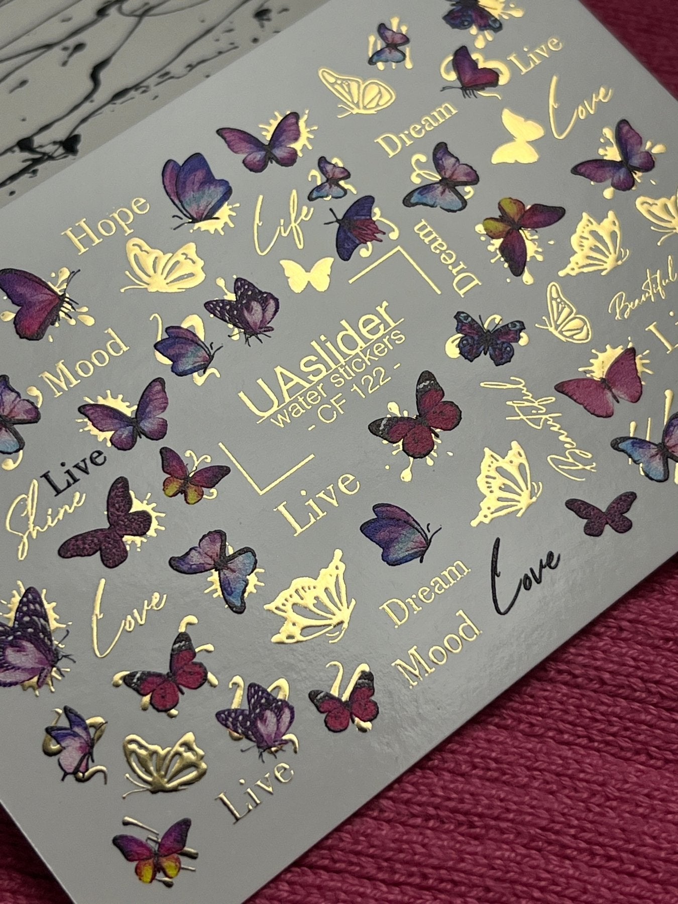 Nail Water Decal CF-122 | Butterfly Nail Water Decals | Pink & Purple Butterflies with Gold Accents - UASLIDER