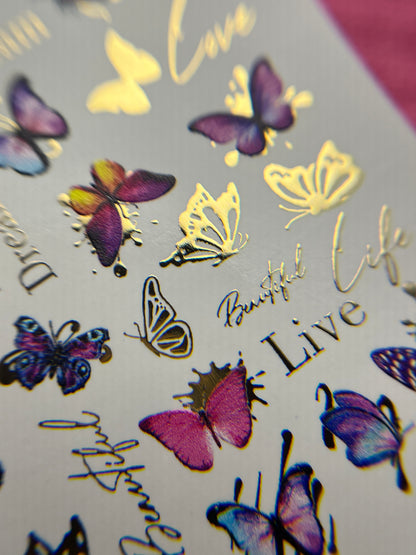 Nail Water Decal CF-122 | Butterfly Nail Water Decals | Pink & Purple Butterflies with Gold Accents