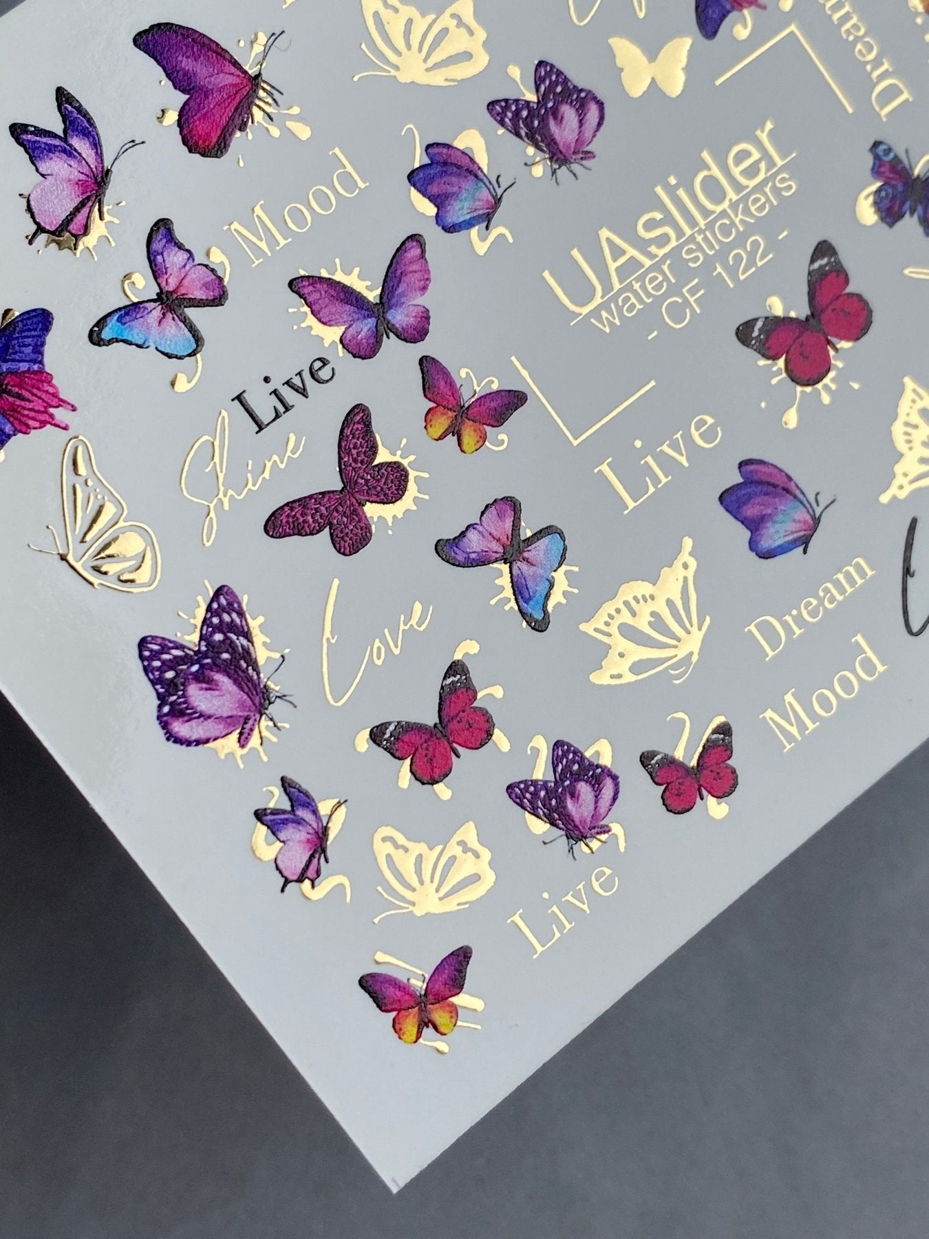 Nail Water Decal CF-122 | Butterfly Nail Water Decals | Pink & Purple Butterflies with Gold Accents - UASLIDER