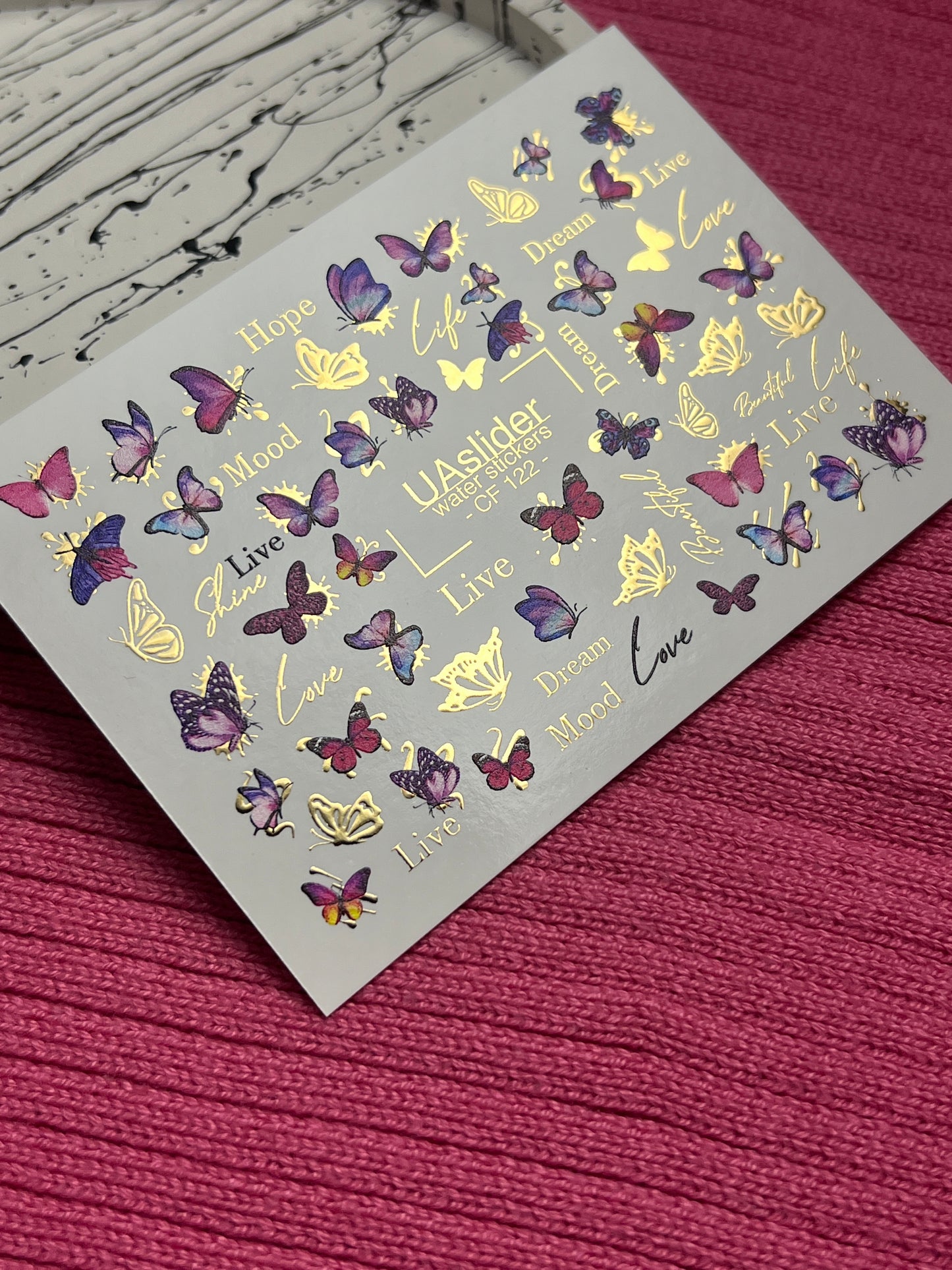 Nail Water Decal CF-122 | Butterfly Nail Water Decals | Pink & Purple Butterflies with Gold Accents