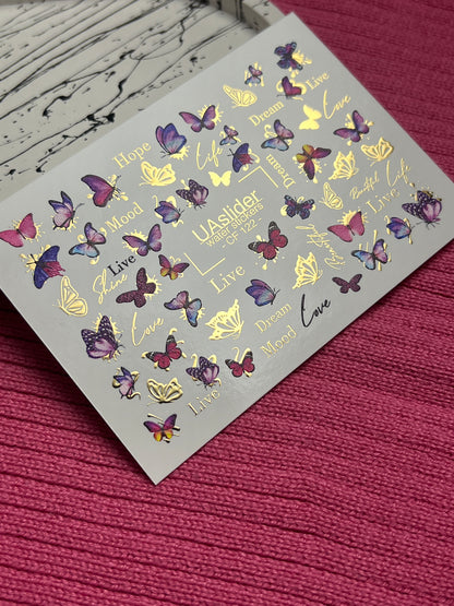 Nail Water Decal CF-122 | Butterfly Nail Water Decals | Pink & Purple Butterflies with Gold Accents