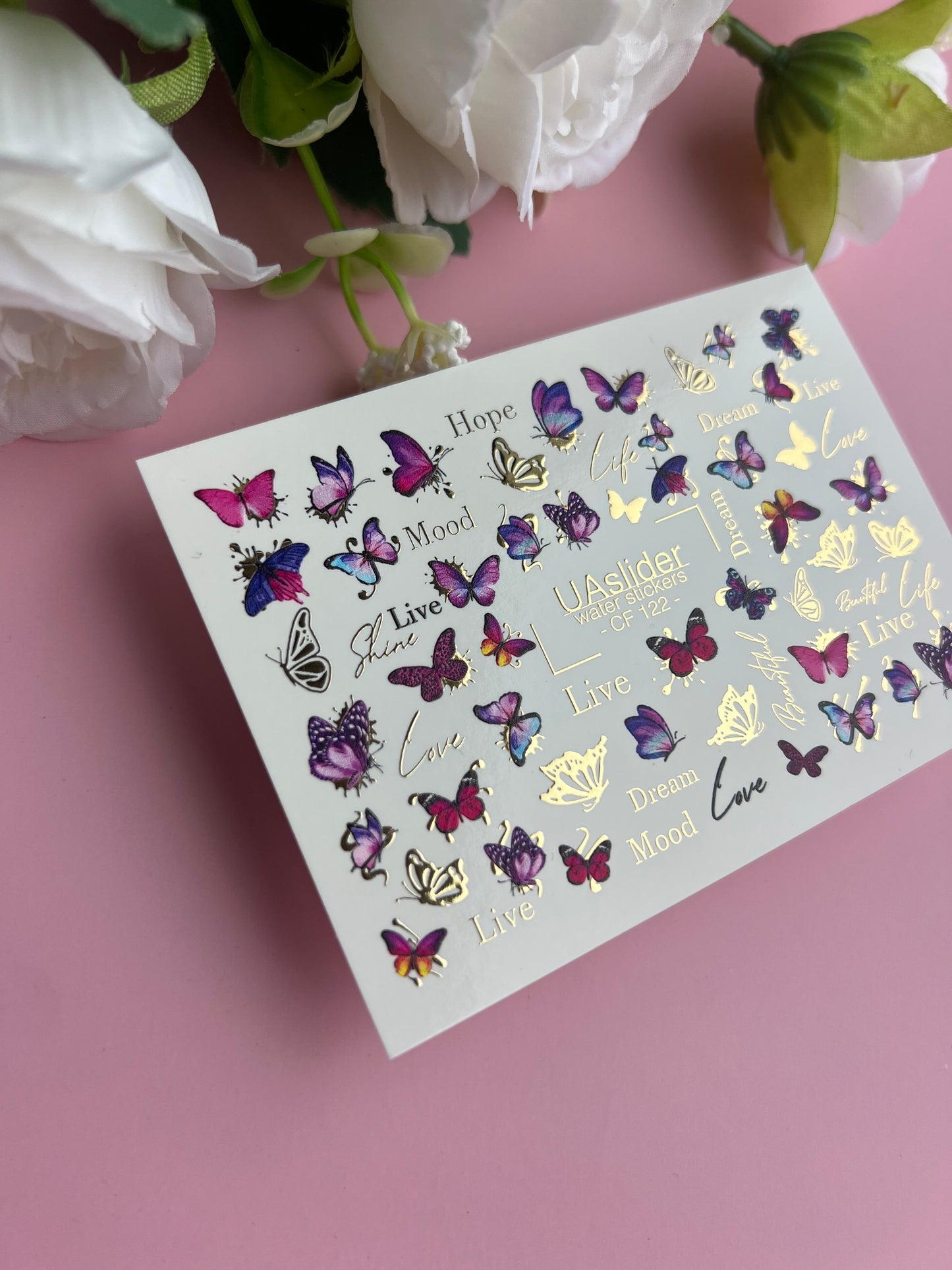 Nail Water Decal CF-122 | Butterfly Nail Water Decals | Pink & Purple Butterflies with Gold Accents