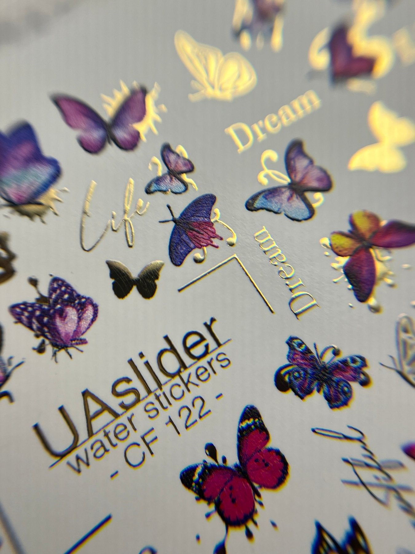 Nail Water Decal CF-122 | Butterfly Nail Water Decals | Pink & Purple Butterflies with Gold Accents - UASLIDER