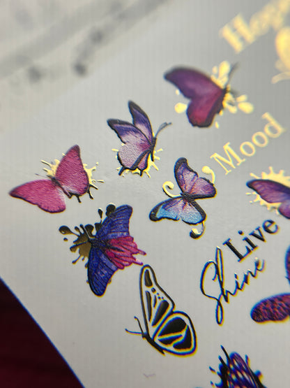 Nail Water Decal CF-122 | Butterfly Nail Water Decals | Pink & Purple Butterflies with Gold Accents