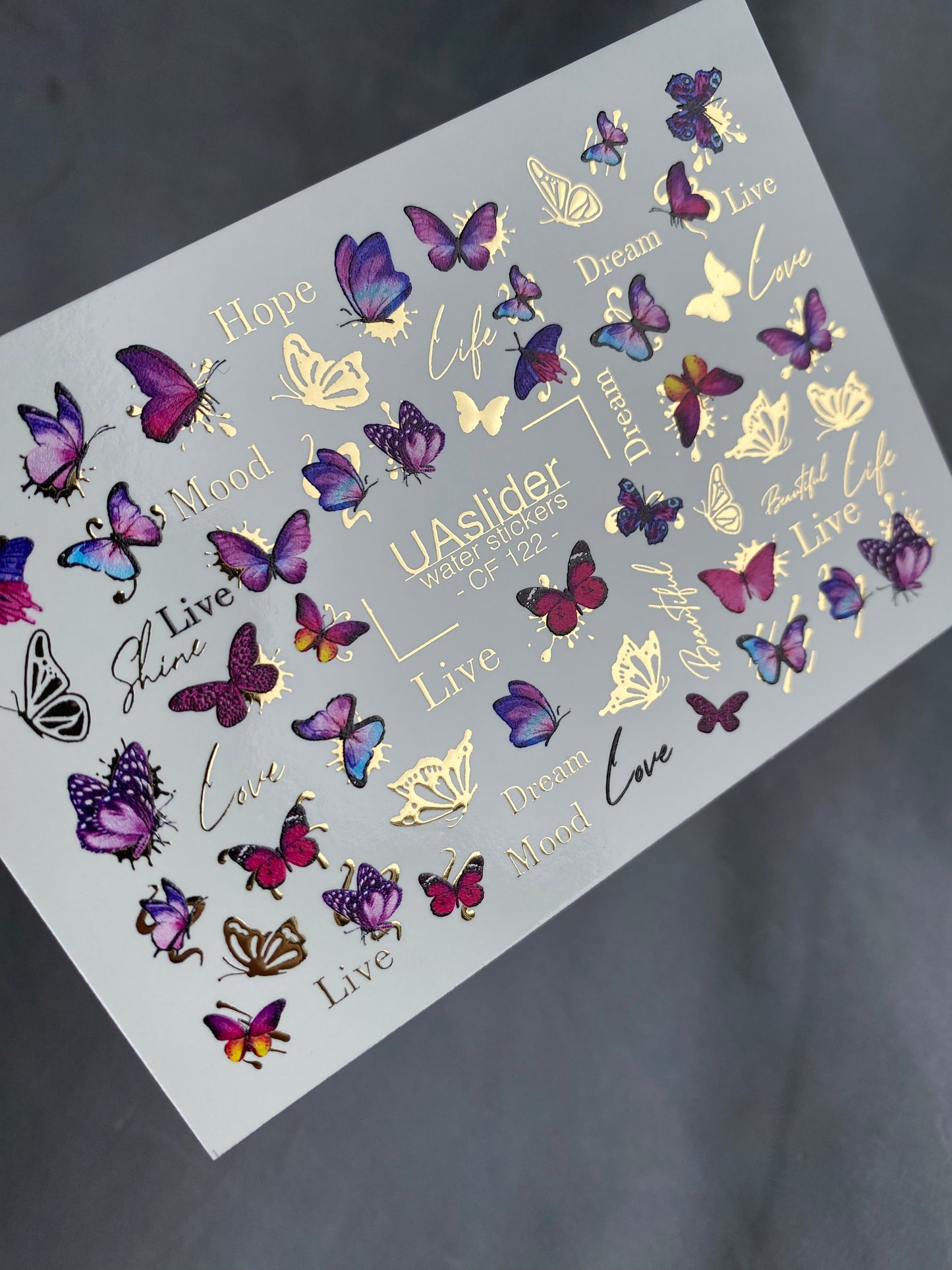 Nail Water Decal CF-122 | Butterfly Nail Water Decals | Pink & Purple Butterflies with Gold Accents