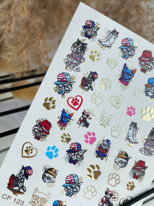 Nail Water Decal CF-123 | Cute Cat Nail Water Decals | Funny Cats with Hats, Glasses & Paw Prints