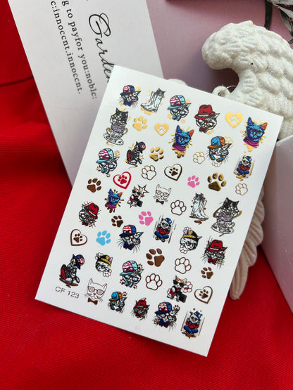 Nálepka na nehty CF-123 | Roztomilé nálepky na nehty s kočkou | Veselé kočky s klobouky, brýlemi a otisky tlapek