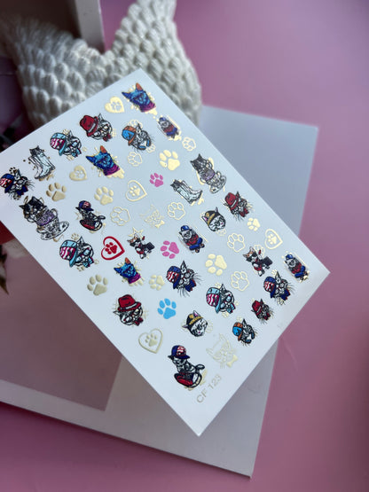 Nálepka na nehty CF-123 | Roztomilé nálepky na nehty s kočkou | Veselé kočky s klobouky, brýlemi a otisky tlapek