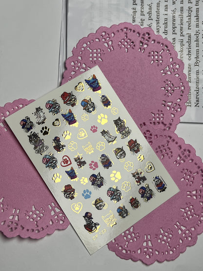 Nálepka na nehty CF-123 | Roztomilé nálepky na nehty s kočkou | Veselé kočky s klobouky, brýlemi a otisky tlapek