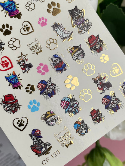 Nálepka na nehty CF-123 | Roztomilé nálepky na nehty s kočkou | Veselé kočky s klobouky, brýlemi a otisky tlapek