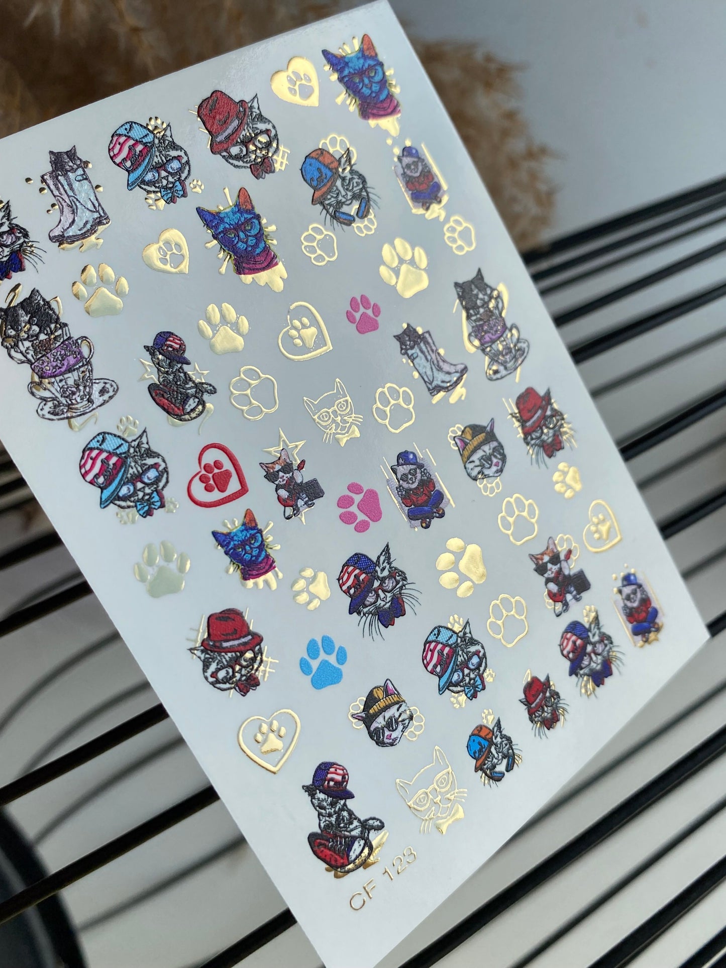 Nálepka na nehty CF-123 | Roztomilé nálepky na nehty s kočkou | Veselé kočky s klobouky, brýlemi a otisky tlapek