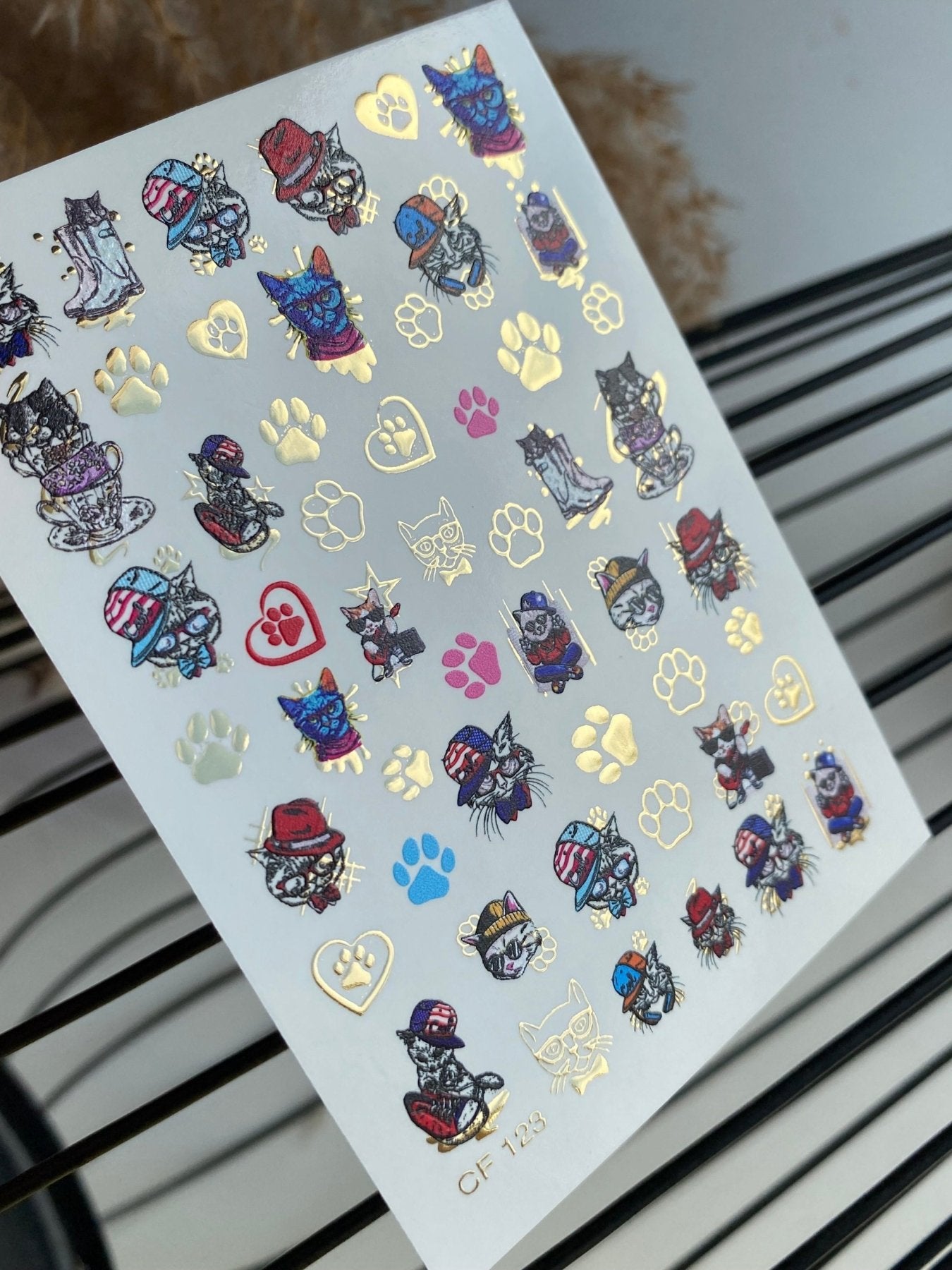 Nail Water Decal CF-123 | Cute Cat Nail Water Decals | Funny Cats with Hats, Glasses & Paw Prints - UASLIDER