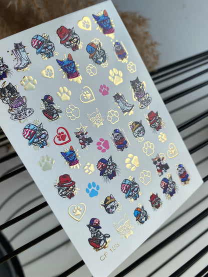 Nálepka na nehty CF-123 | Roztomilé nálepky na nehty s kočkou | Veselé kočky s klobouky, brýlemi a otisky tlapek