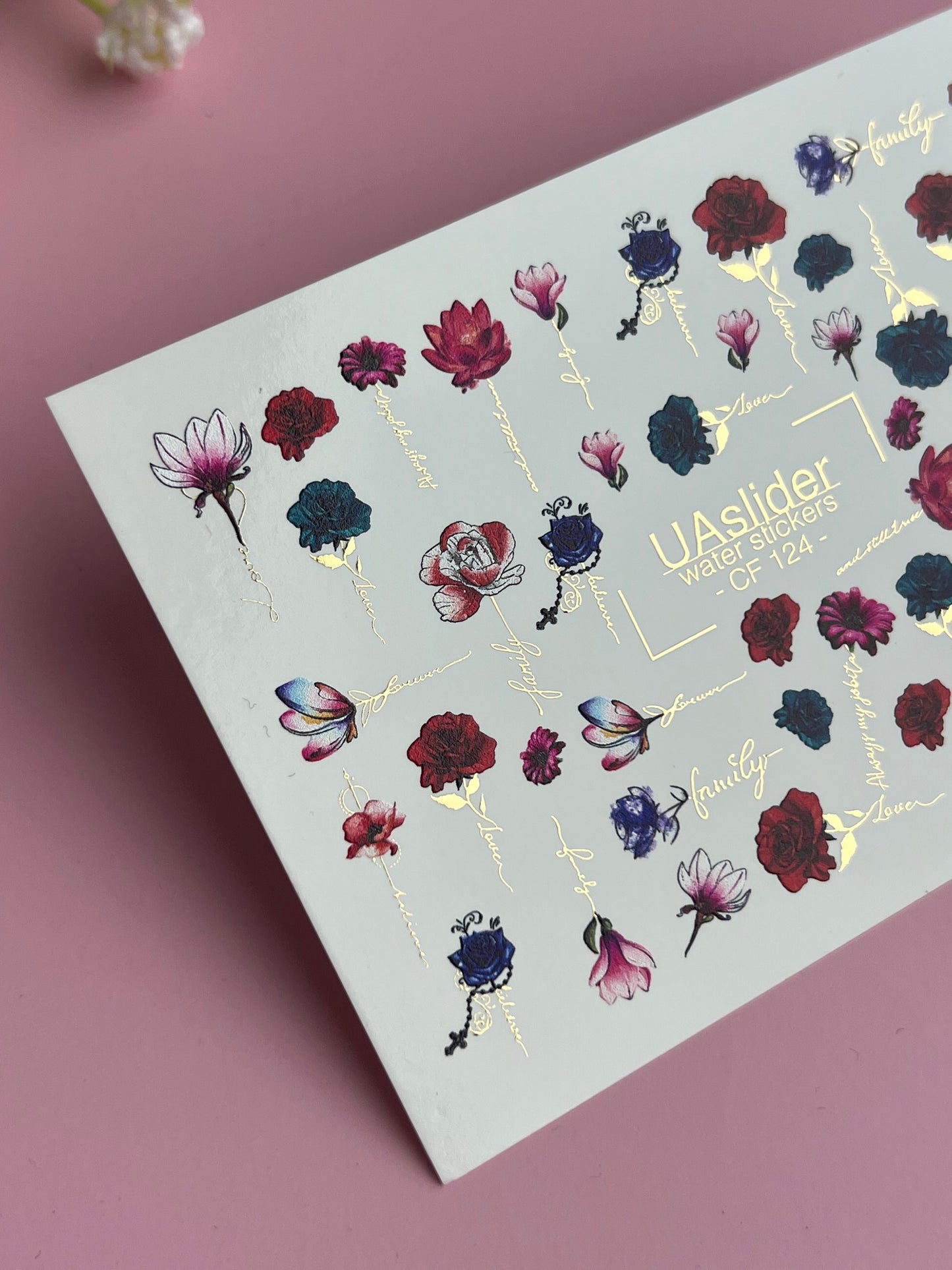Nail Water Decal CF-124 | Floral Nail Water Decals | Roses, Peonies & Magnolias with Love & Family Quotes