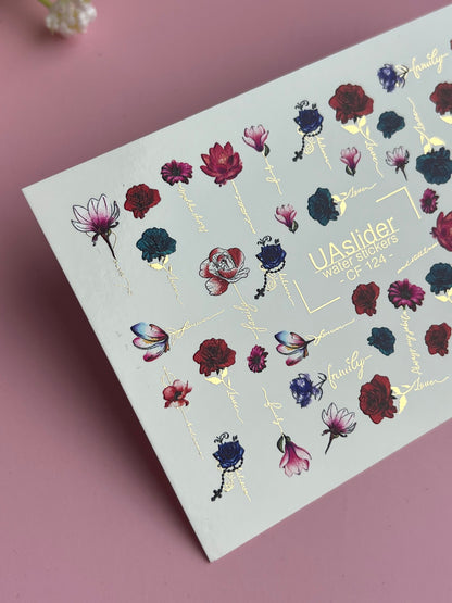 Nail Water Decal CF-124 | Floral Nail Water Decals | Roses, Peonies & Magnolias with Love & Family Quotes