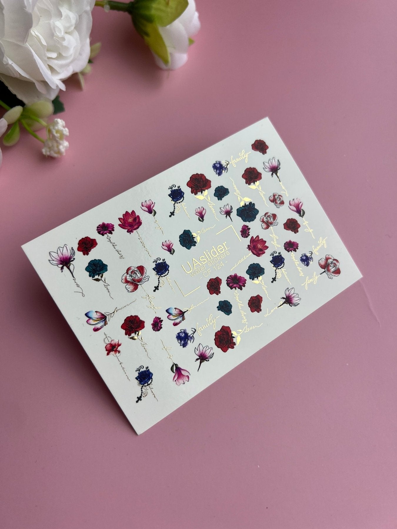 Nail Water Decal CF-124 | Floral Nail Water Decals | Roses, Peonies & Magnolias with Love & Family Quotes - UASLIDER