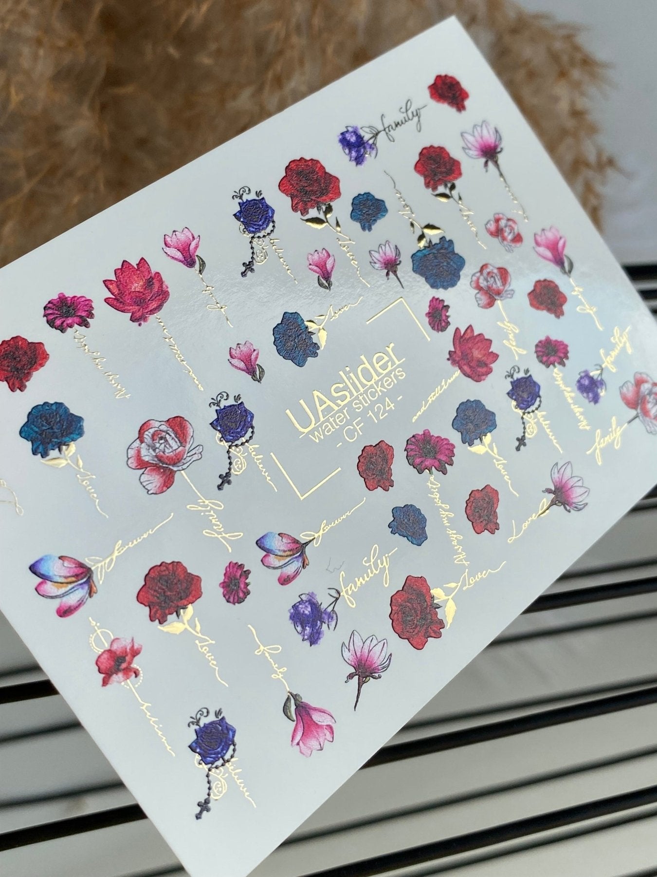 Nail Water Decal CF-124 | Floral Nail Water Decals | Roses, Peonies & Magnolias with Love & Family Quotes - UASLIDER