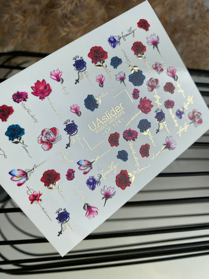 Nail Water Decal CF-124 | Floral Nail Water Decals | Roses, Peonies & Magnolias with Love & Family Quotes