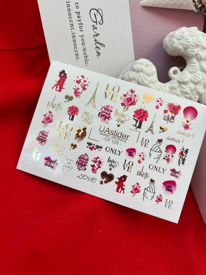 Nail Water Decal CF-125 | Romantic Nail Water Decals | Paris, Eiffel Tower, Roses & Love Quotes