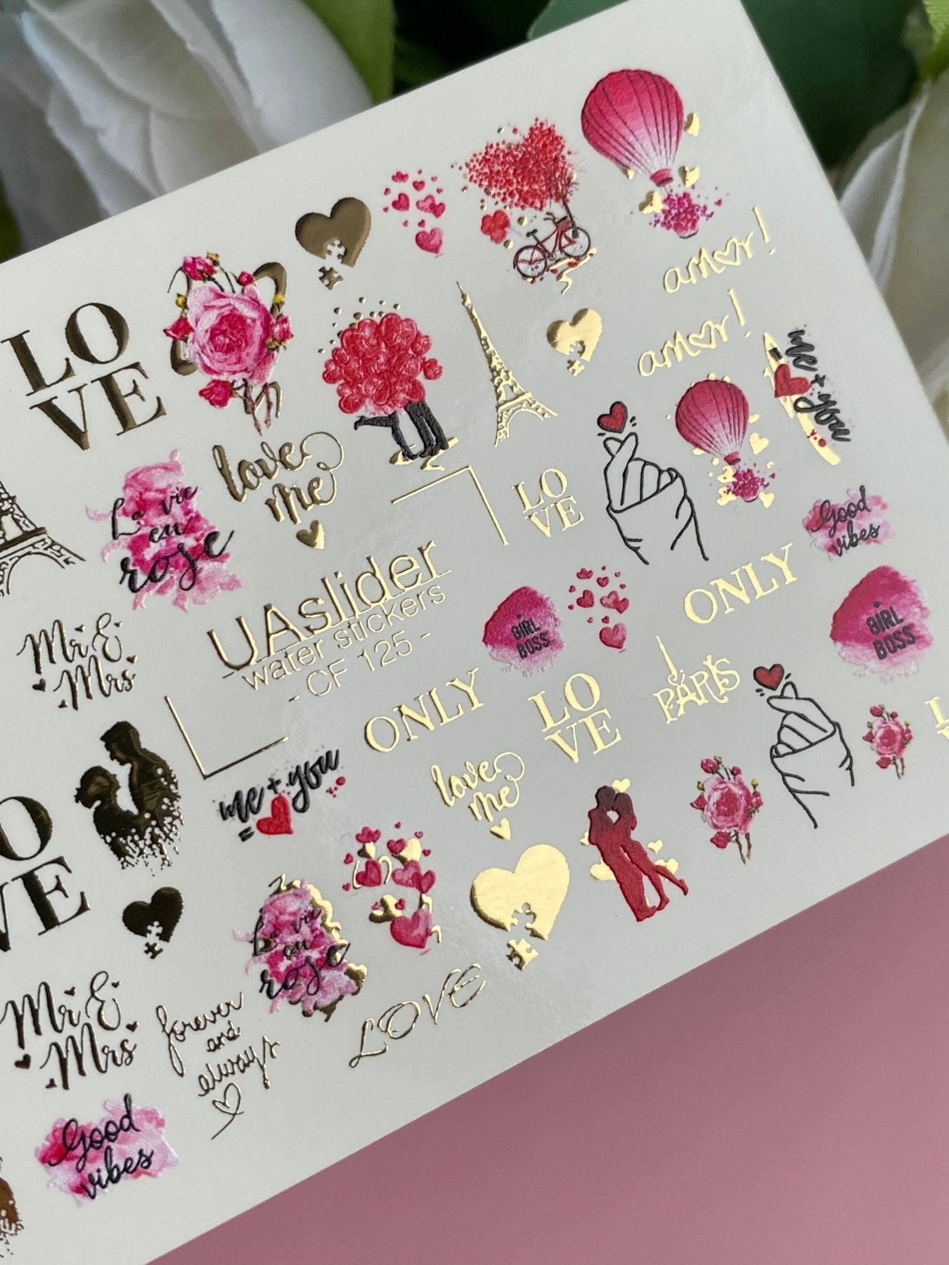 Nail Water Decal CF-125 | Romantic Nail Water Decals | Paris, Eiffel Tower, Roses & Love Quotes - UASLIDER