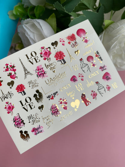 Nail Water Decal CF-125 | Romantic Nail Water Decals | Paris, Eiffel Tower, Roses & Love Quotes