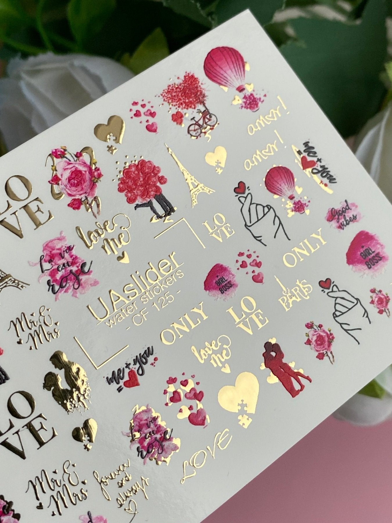 Nail Water Decal CF-125 | Romantic Nail Water Decals | Paris, Eiffel Tower, Roses & Love Quotes - UASLIDER