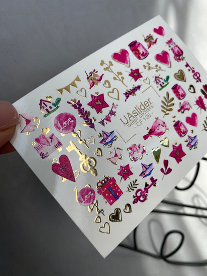 Nail Water Decal CF-126 | Cute Love Nail Water Decals | Hearts, Keys, Birds & Valentine’s Day Designs