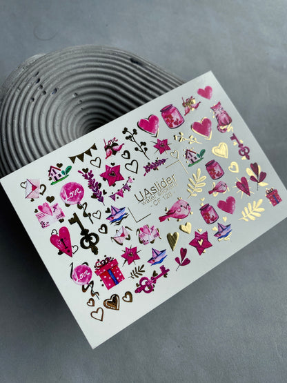 Nail Water Decal CF-126 | Cute Love Nail Water Decals | Hearts, Keys, Birds & Valentine’s Day Designs