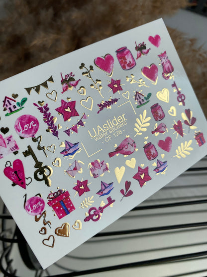 Nail Water Decal CF-126 | Cute Love Nail Water Decals | Hearts, Keys, Birds & Valentine’s Day Designs