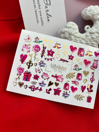 Nail Water Decal CF-126 | Cute Love Nail Water Decals | Hearts, Keys, Birds & Valentine’s Day Designs