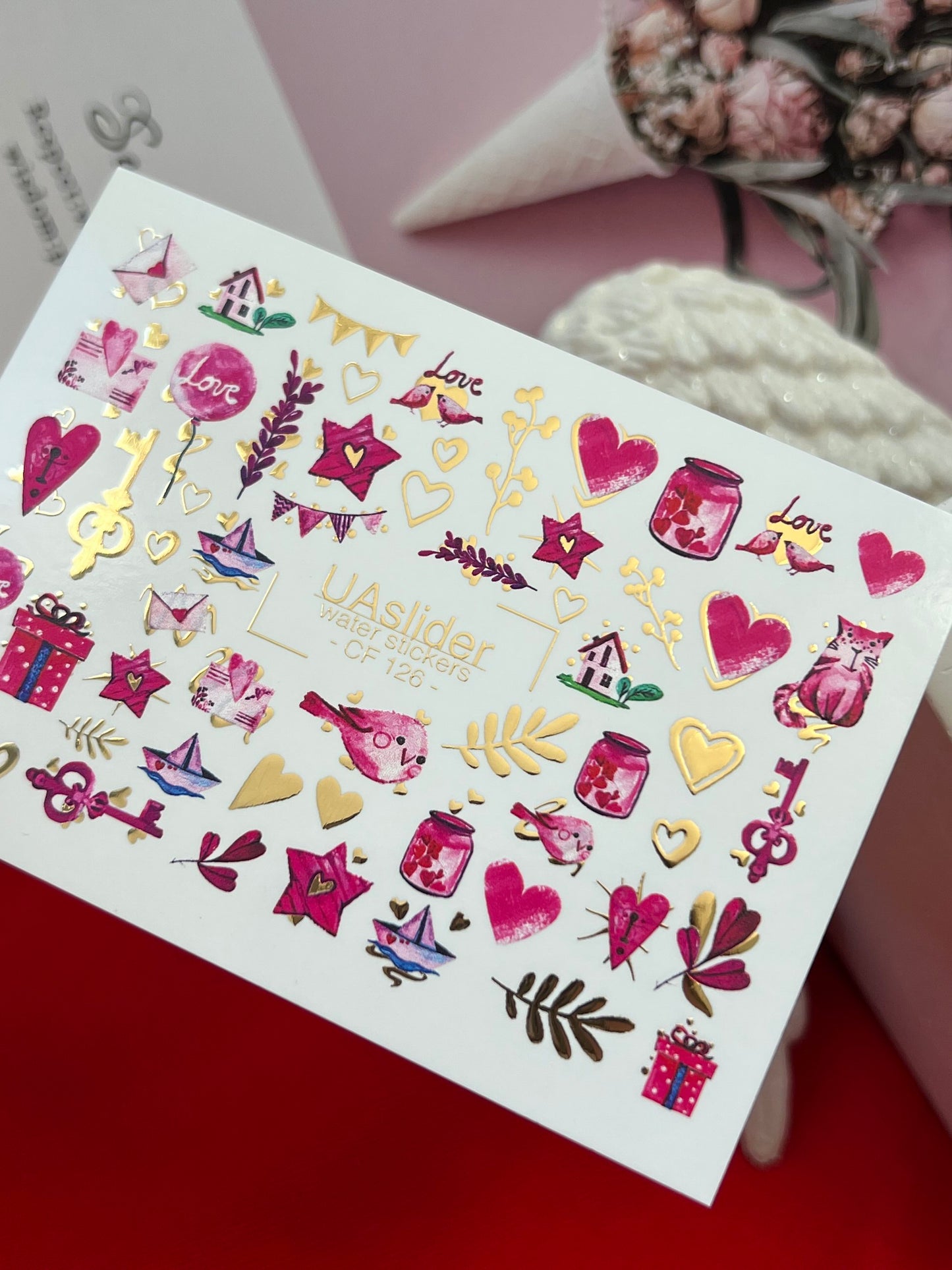 Nail Water Decal CF-126 | Cute Love Nail Water Decals | Hearts, Keys, Birds & Valentine’s Day Designs