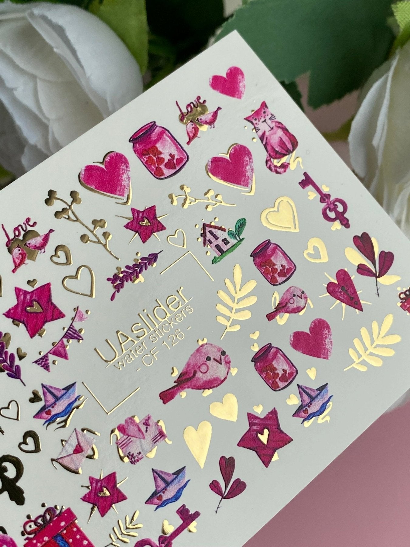 Nail Water Decal CF-126 | Cute Love Nail Water Decals | Hearts, Keys, Birds & Valentine’s Day Designs - UASLIDER