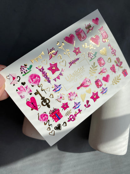 Nail Water Decal CF-126 | Cute Love Nail Water Decals | Hearts, Keys, Birds & Valentine’s Day Designs