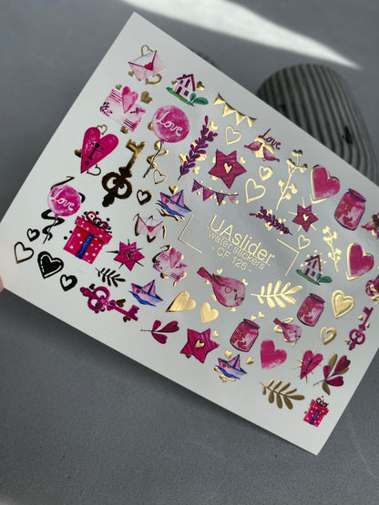Nail Water Decal CF-126 | Cute Love Nail Water Decals | Hearts, Keys, Birds & Valentine’s Day Designs
