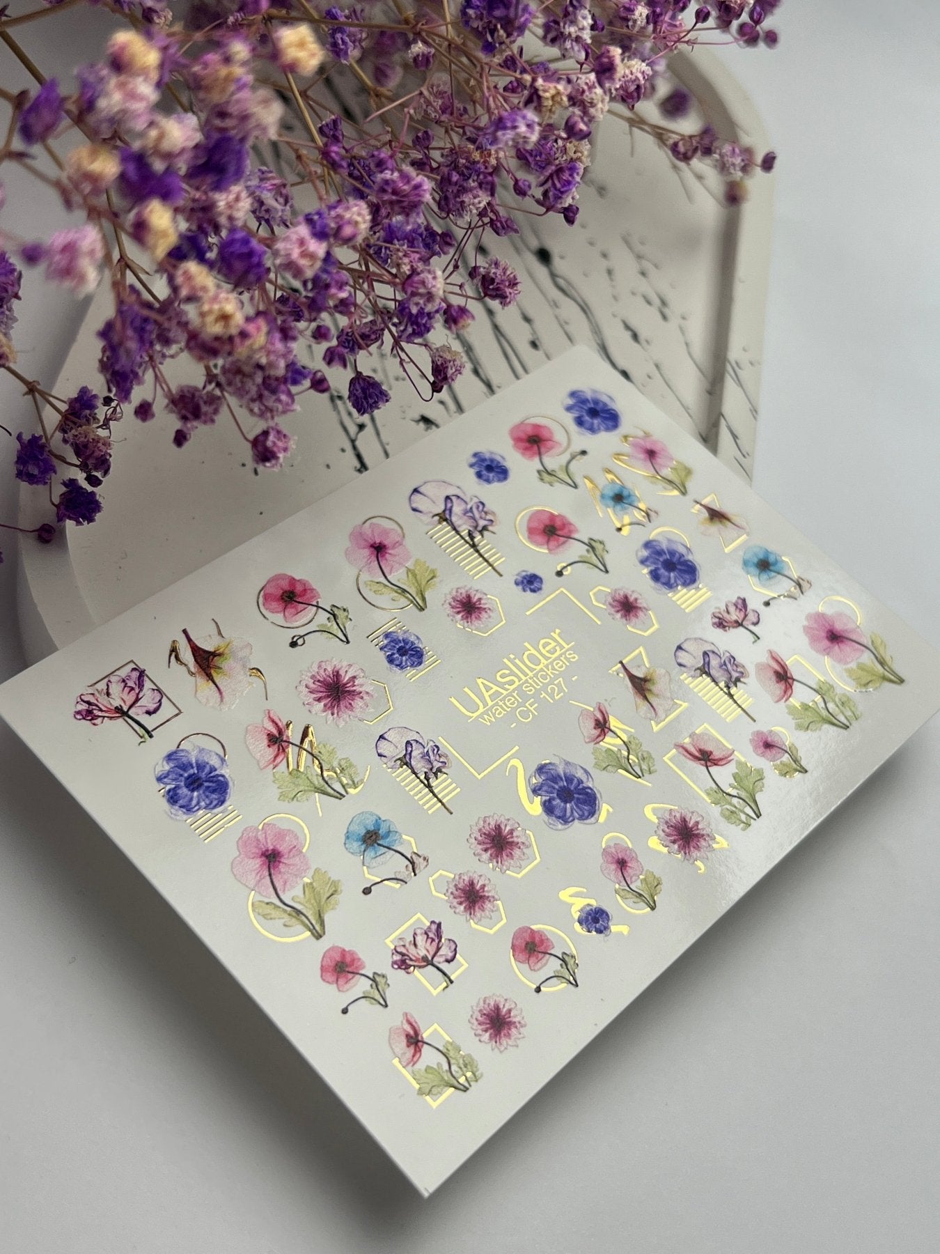 Nail Water Decal CF-127 | Floral Nail Water Decals | Pink, Blue & Purple Flowers with Geometric Gold Accents - UASLIDER