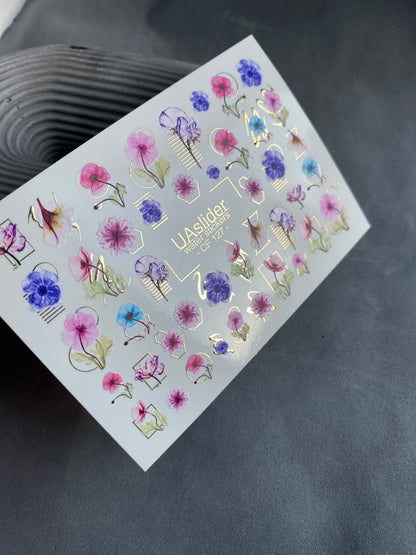 Nail Water Decal CF-127 | Floral Nail Water Decals | Pink, Blue & Purple Flowers with Geometric Gold Accents