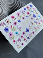 Nail Water Decal CF-127 | Floral Nail Water Decals | Pink, Blue & Purple Flowers with Geometric Gold Accents - UASLIDER
