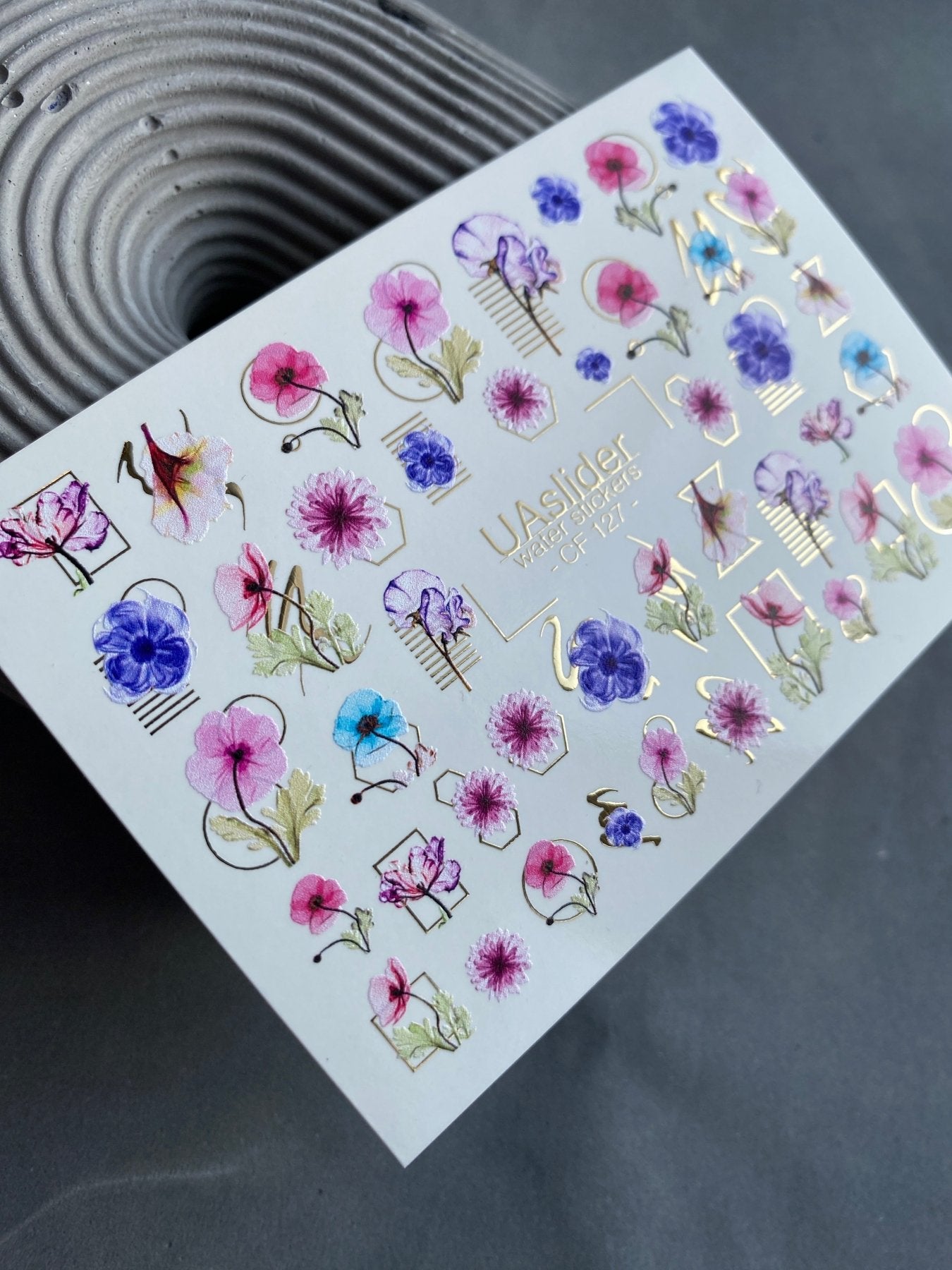 Nail Water Decal CF-127 | Floral Nail Water Decals | Pink, Blue & Purple Flowers with Geometric Gold Accents - UASLIDER