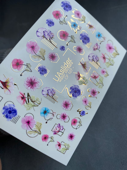 Nail Water Decal CF-127 | Floral Nail Water Decals | Pink, Blue & Purple Flowers with Geometric Gold Accents