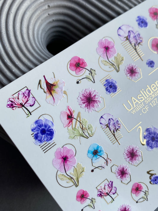 Nail Water Decal CF-127 | Floral Nail Water Decals | Pink, Blue & Purple Flowers with Geometric Gold Accents