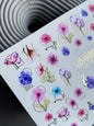 Nail Water Decal CF-127 | Floral Nail Water Decals | Pink, Blue & Purple Flowers with Geometric Gold Accents