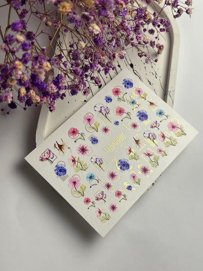 Nail Water Decal CF-127 | Floral Nail Water Decals | Pink, Blue & Purple Flowers with Geometric Gold Accents