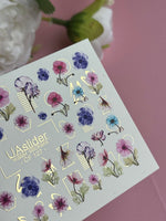 Nail Water Decal CF-127 | Floral Nail Water Decals | Pink, Blue & Purple Flowers with Geometric Gold Accents - UASLIDER